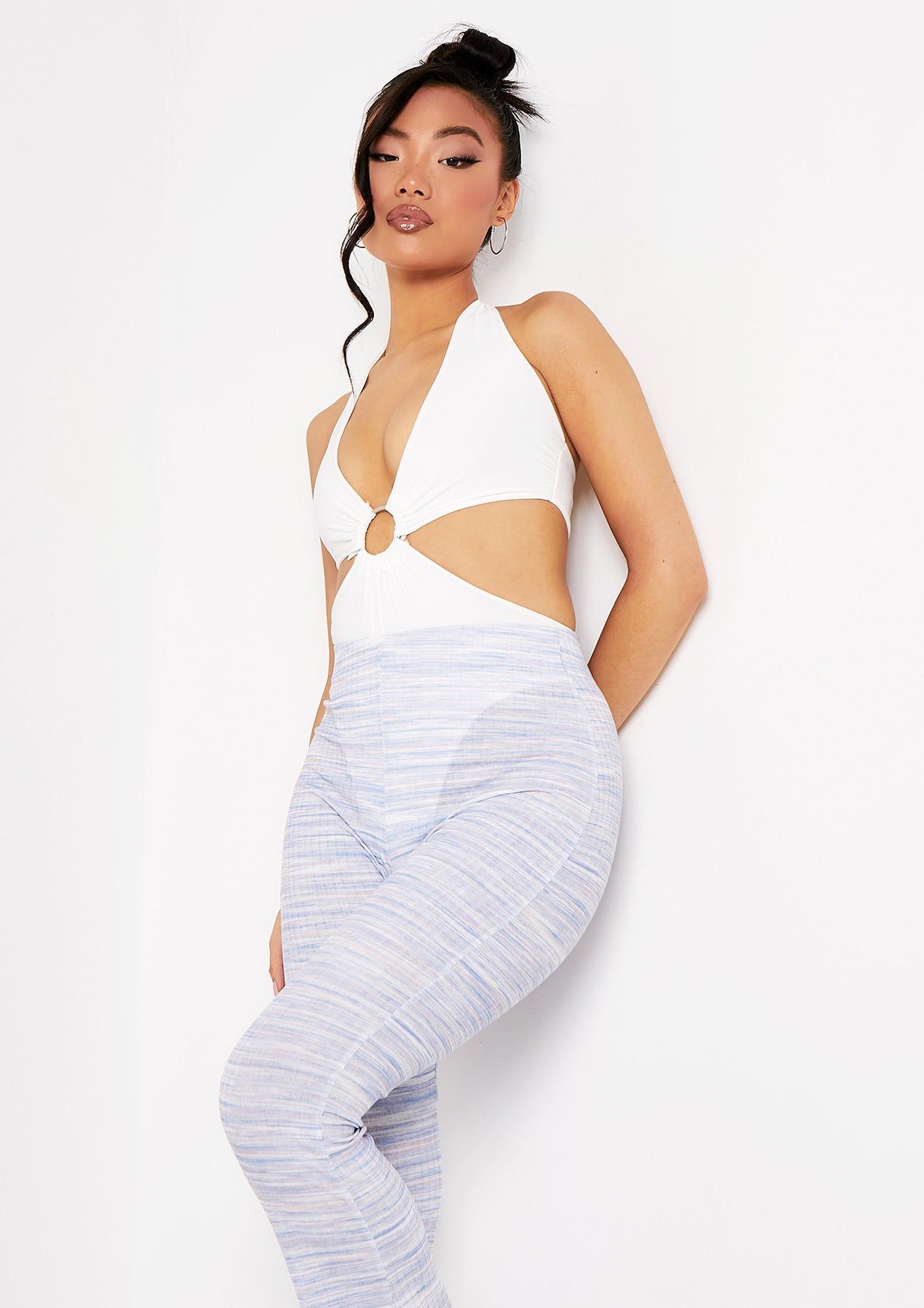 Hana Ivory Halterneck Plunge Hoop Bodysuit sold by Missy Empire product image thumbnail 2