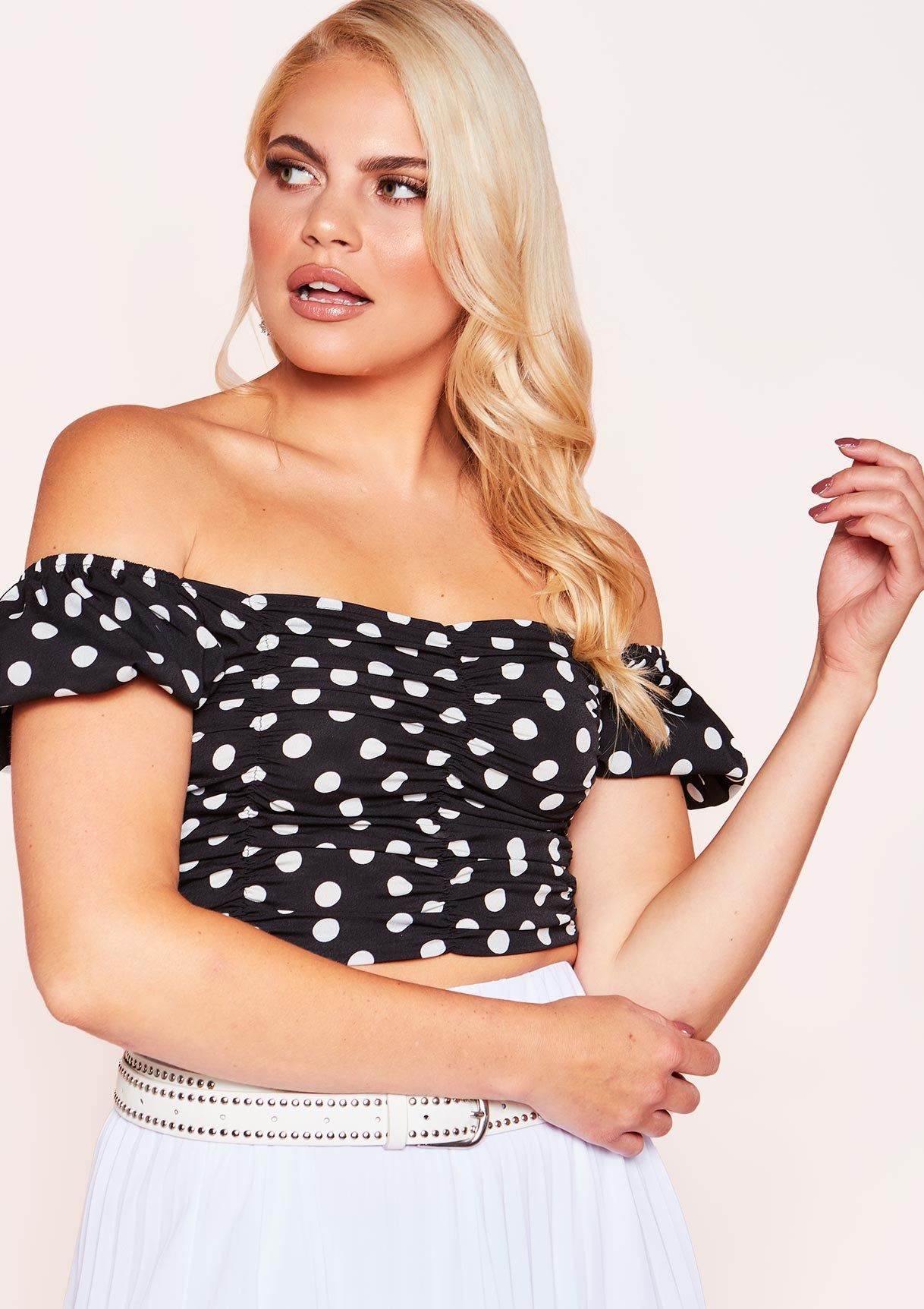 Kimberly Black Polkadot Bardot Crop Top sold by Missy Empire product image thumbnail 3