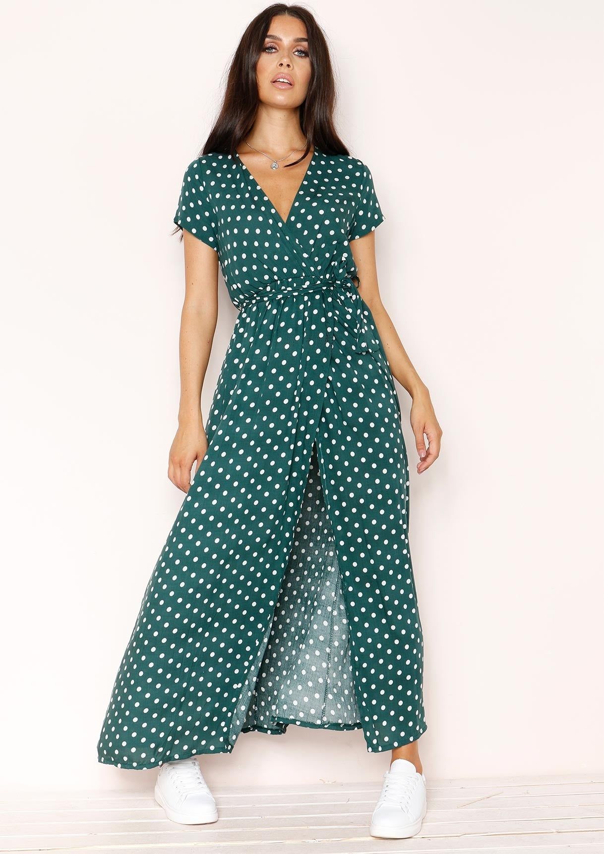 Hannah Emerald Green Polkadot Wrap Front Maxi Dress sold by Missy Empire product image thumbnail 3