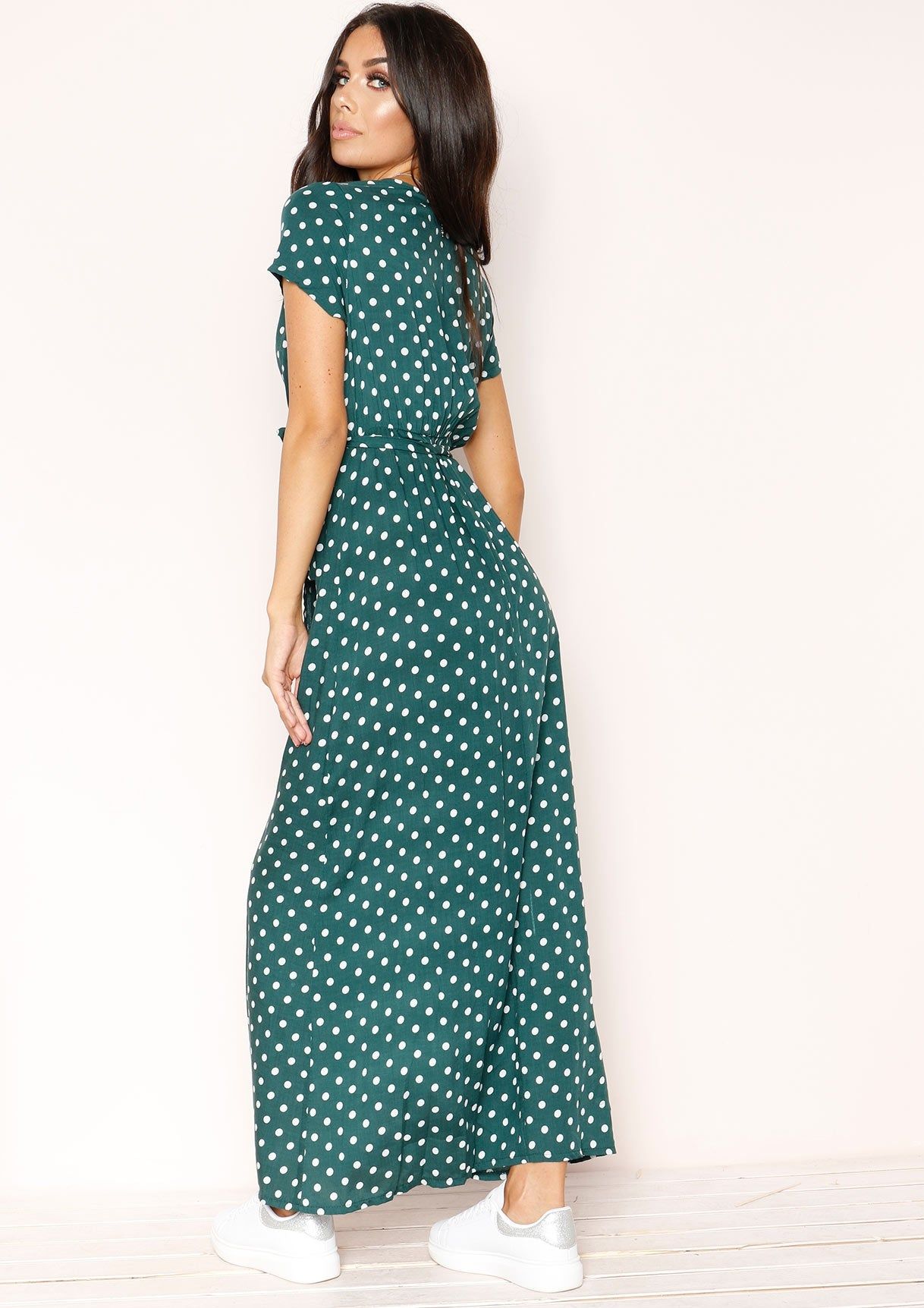 Hannah Emerald Green Polkadot Wrap Front Maxi Dress sold by Missy Empire product image thumbnail 4