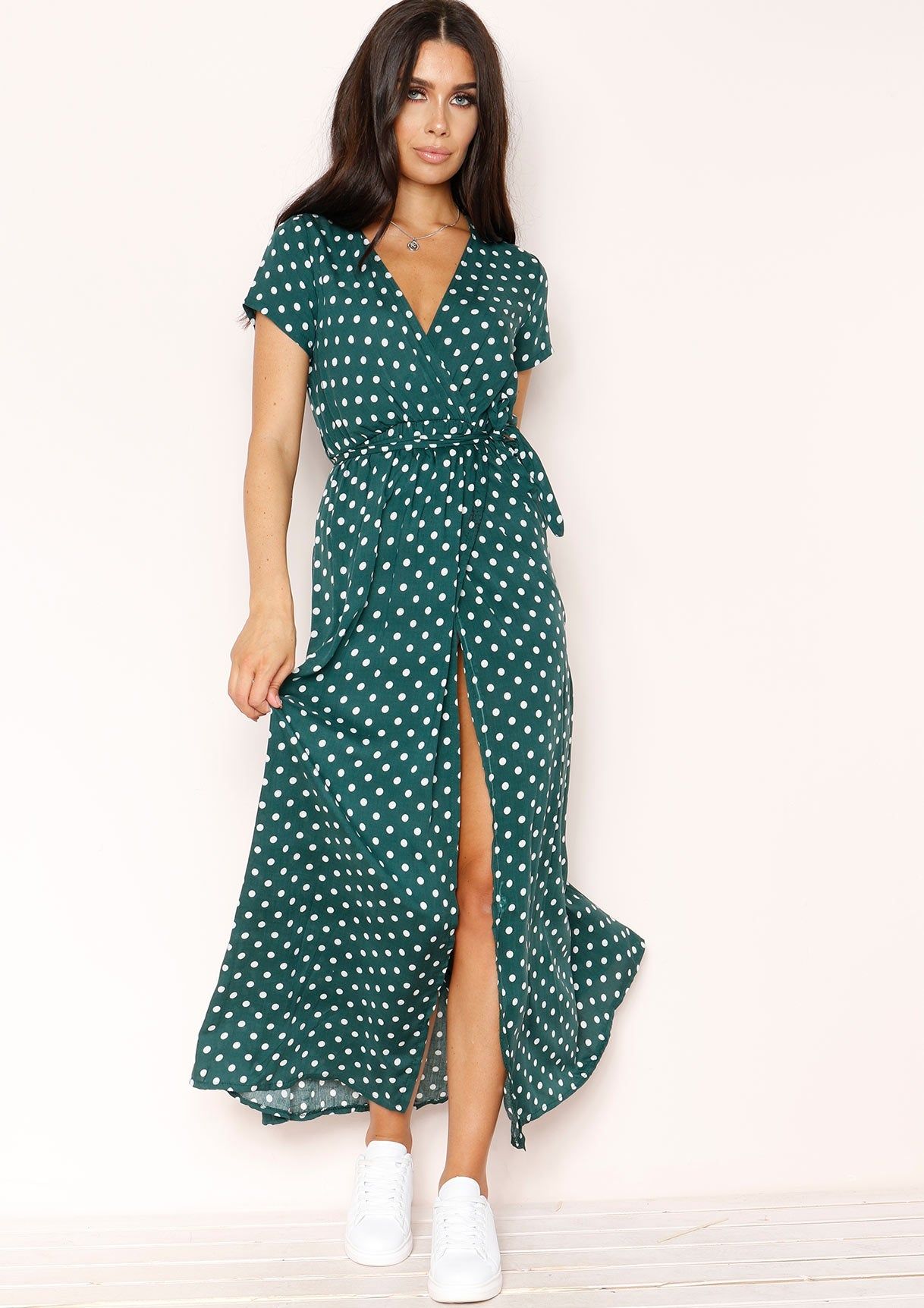 Hannah Emerald Green Polkadot Wrap Front Maxi Dress sold by Missy Empire