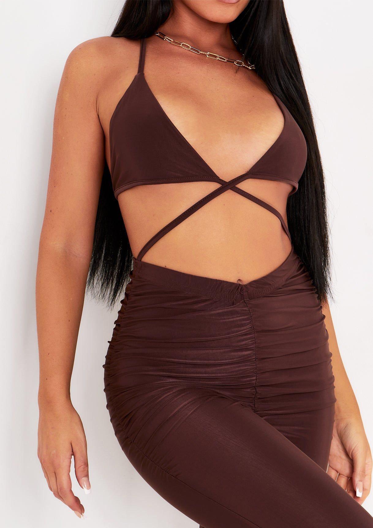 Faye Chocolate Halterneck Cut Out Jumpsuit sold by Missy Empire product image thumbnail 4