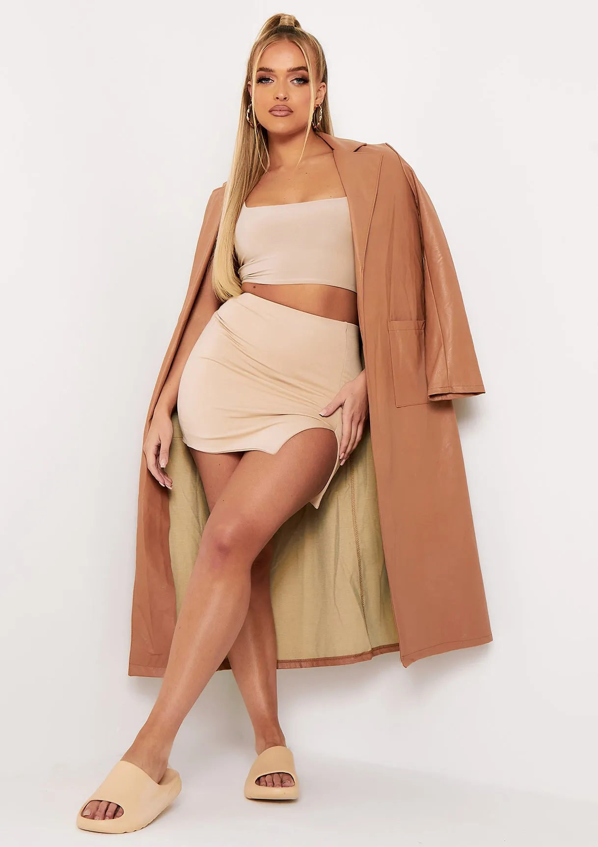 Aniyah Beige Front Split Hem Mini Skirt sold by Missy Empire product image thumbnail 3