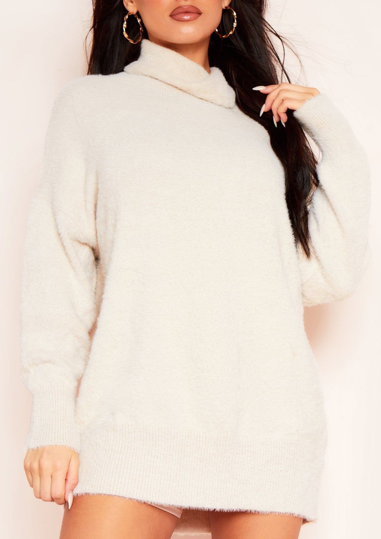 Tatiana Beige Fluffy Knit Roll Neck Jumper Dress sold by Missy Empire product image thumbnail 3