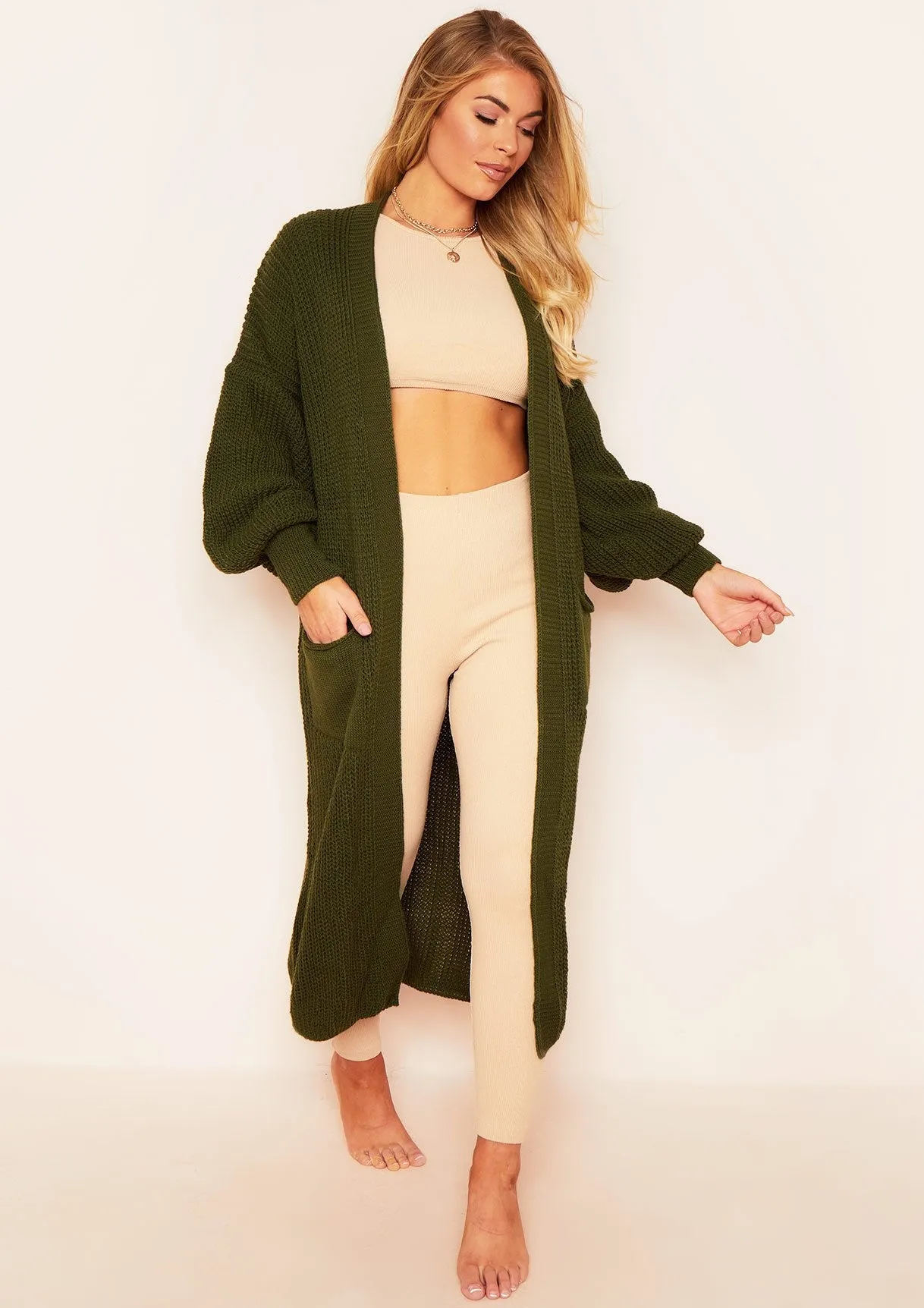 Nathalie Khaki Balloon Sleeve Knitted Cardigan sold by Missy Empire