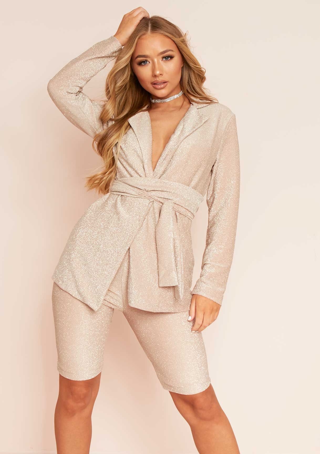 Emilia Gold Lurex Glitter Blazer & Cycle Shorts Co-Ord Set sold by Missy Empire