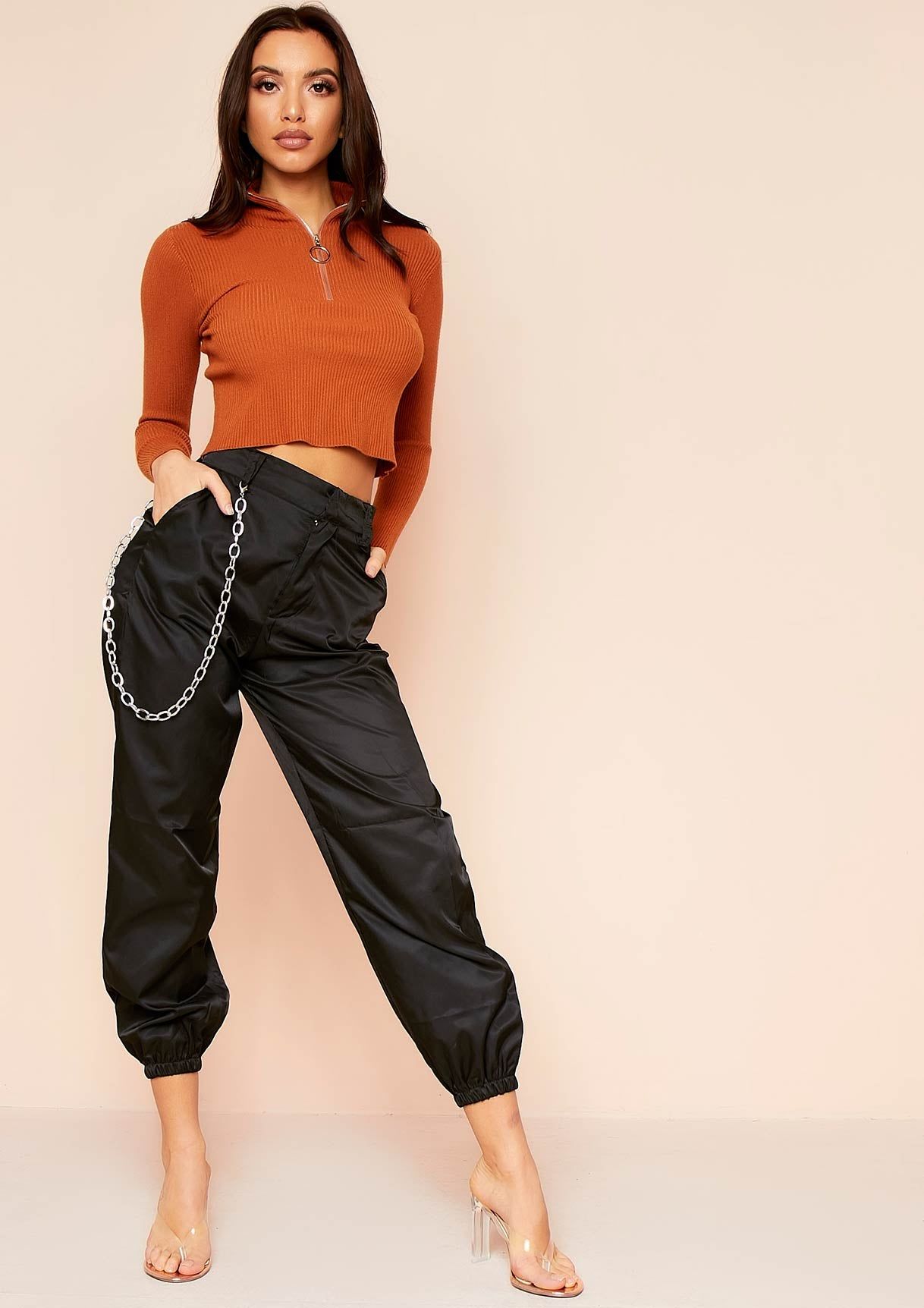 Jaden Rust Zip Up Ribbed Knit Top sold by Missy Empire