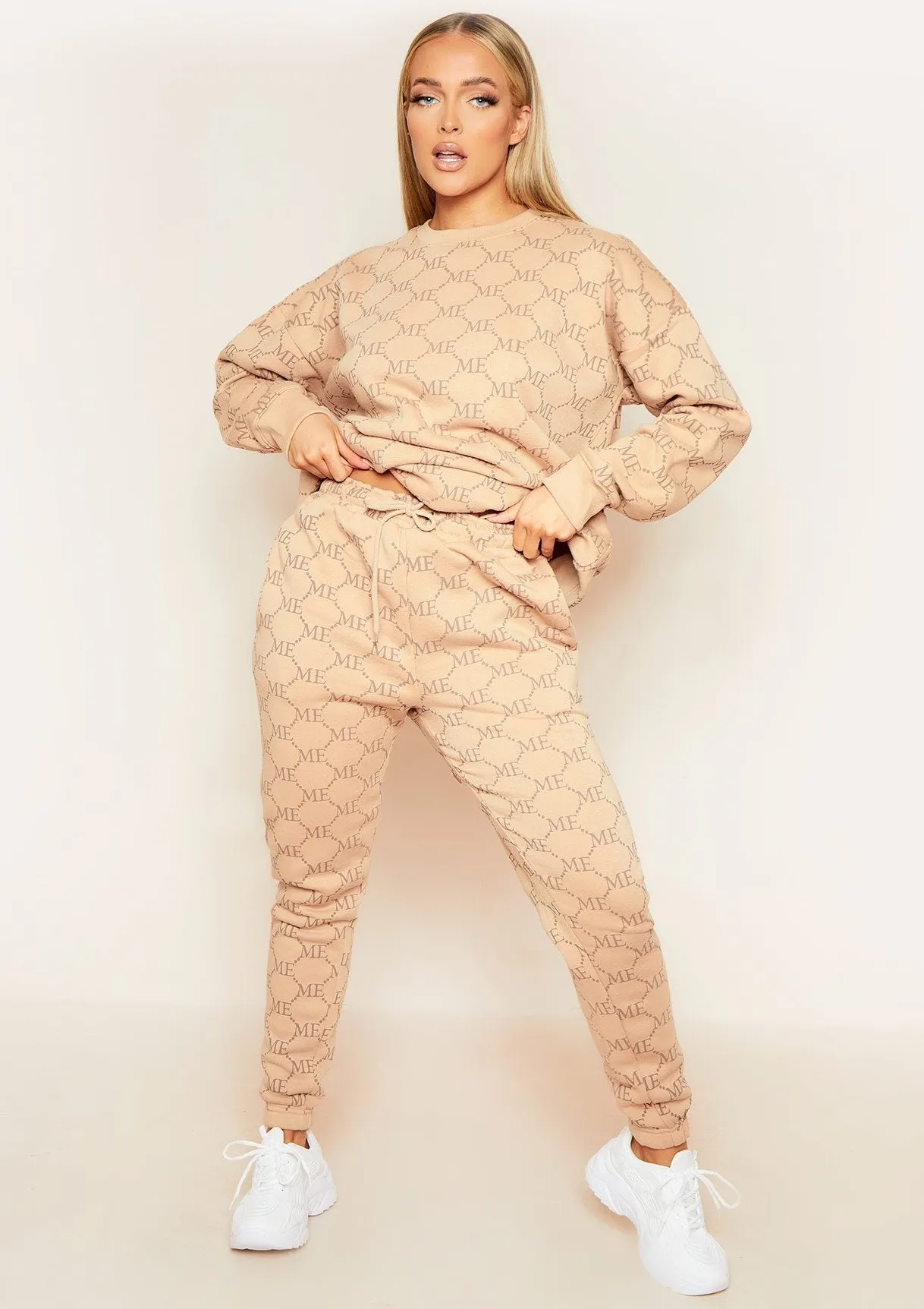 Anisha Beige Missy Empire Repeat Slogan Print Oversized Sweatshirt sold by Missy Empire product image thumbnail 4