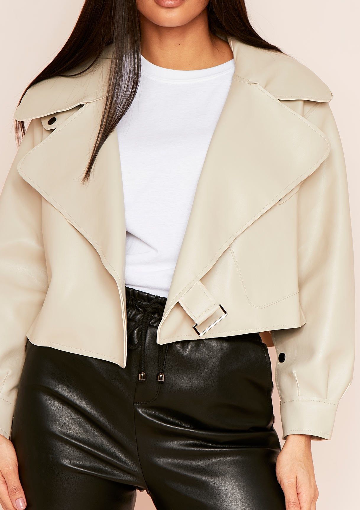 Consula Beige Oversized Cropped Leather Jacket sold by Missy Empire product image thumbnail 3