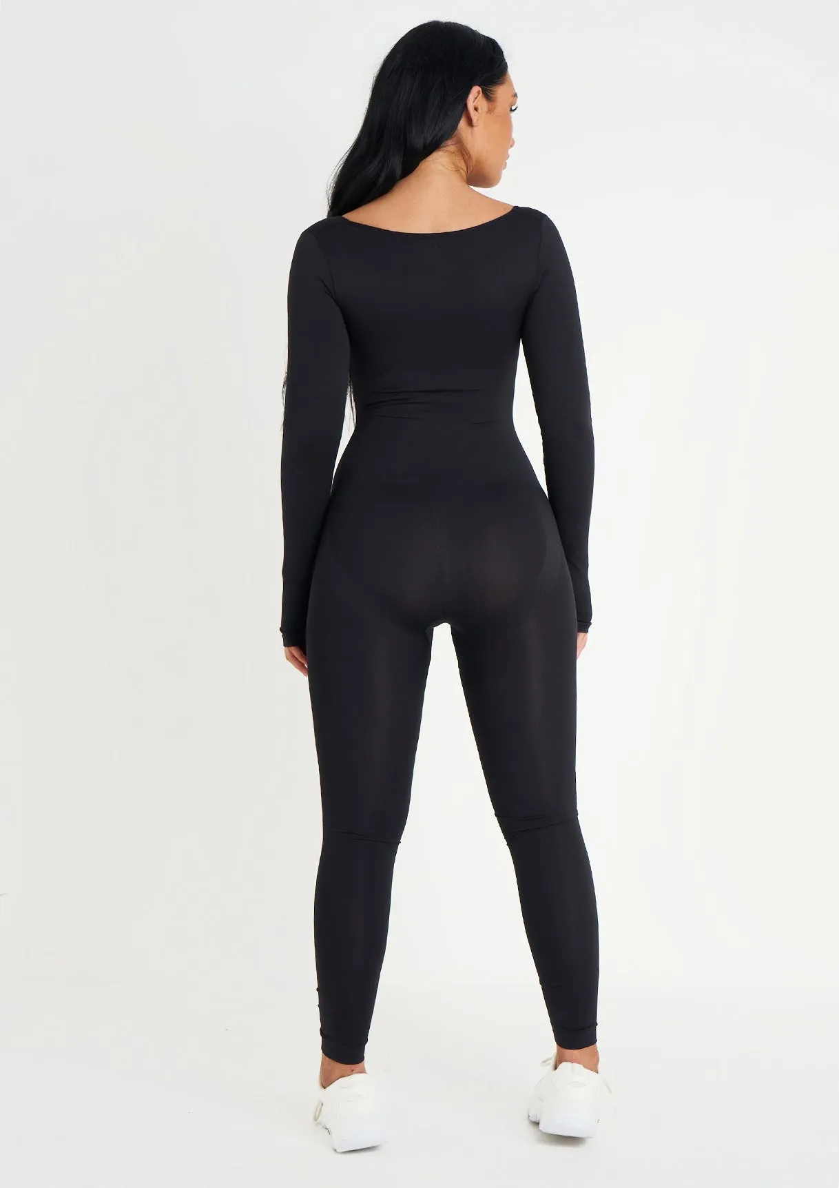 Amelia Black Seamless Long Sleeve Plunge Jumpsuit sold by Missy Empire product image thumbnail 3