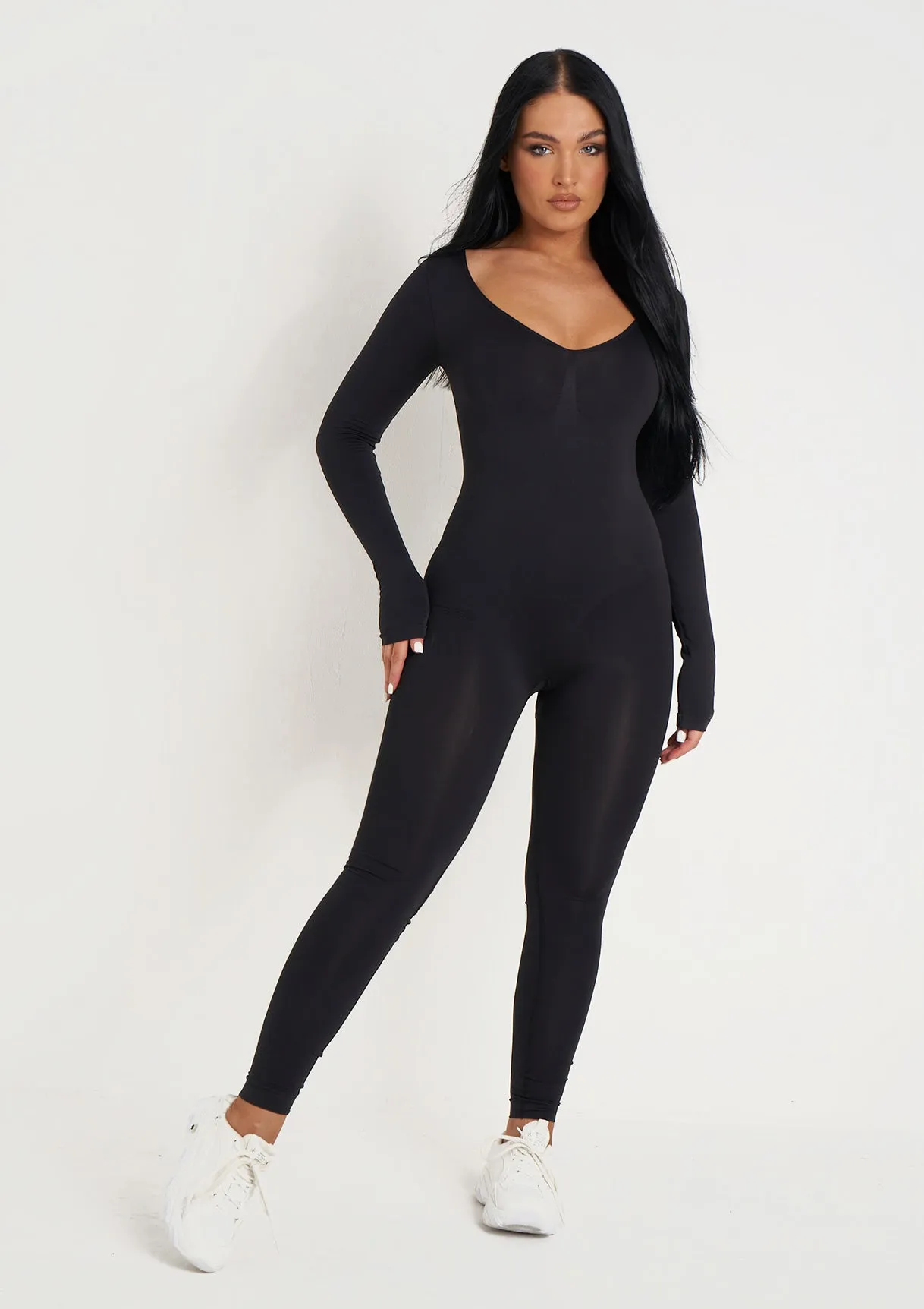 Amelia Black Seamless Long Sleeve Plunge Jumpsuit sold by Missy Empire