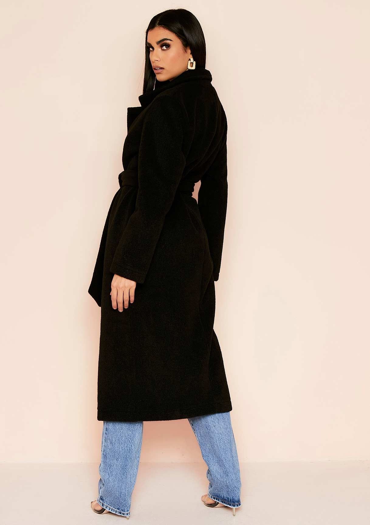 Avarel Black Longline Belted Wool Coat sold by Missy Empire product image thumbnail 2