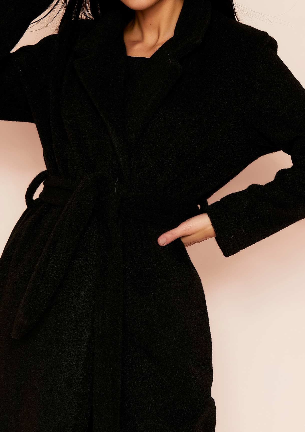 Avarel Black Longline Belted Wool Coat sold by Missy Empire product image thumbnail 3