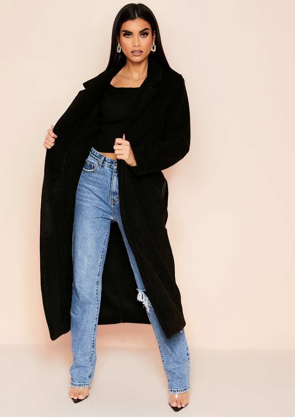 Avarel Black Longline Belted Wool Coat sold by Missy Empire product image thumbnail 4