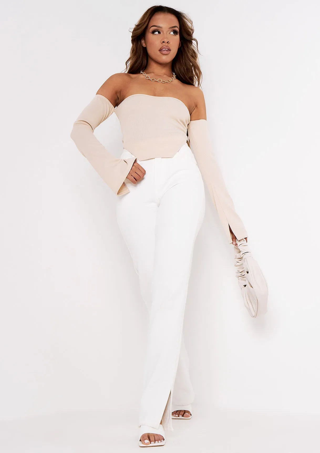 Finley Stone Bardot Thick Rib Corset Dipped Hem Crop Top sold by Missy Empire product image thumbnail 4