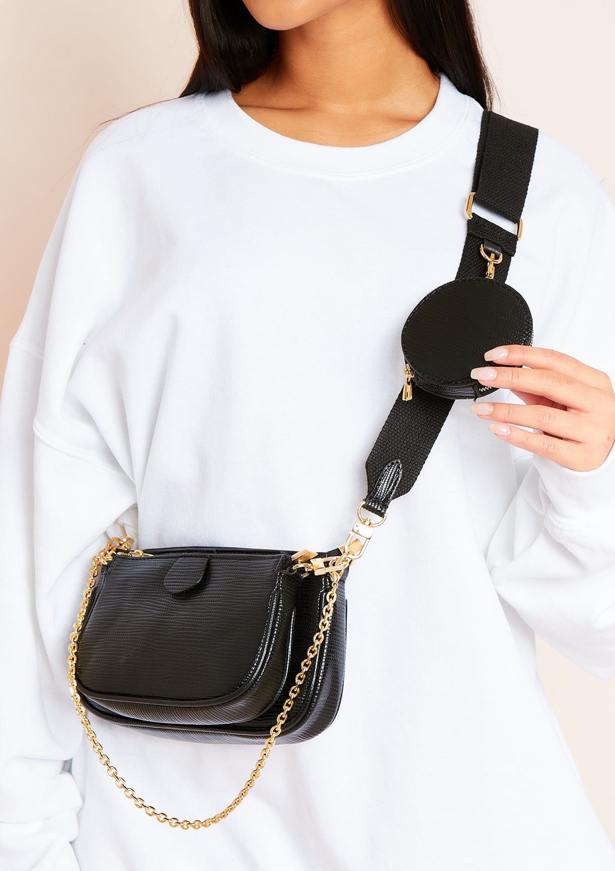 Chantel Black Trio Chain Cross Body Bag sold by Missy Empire