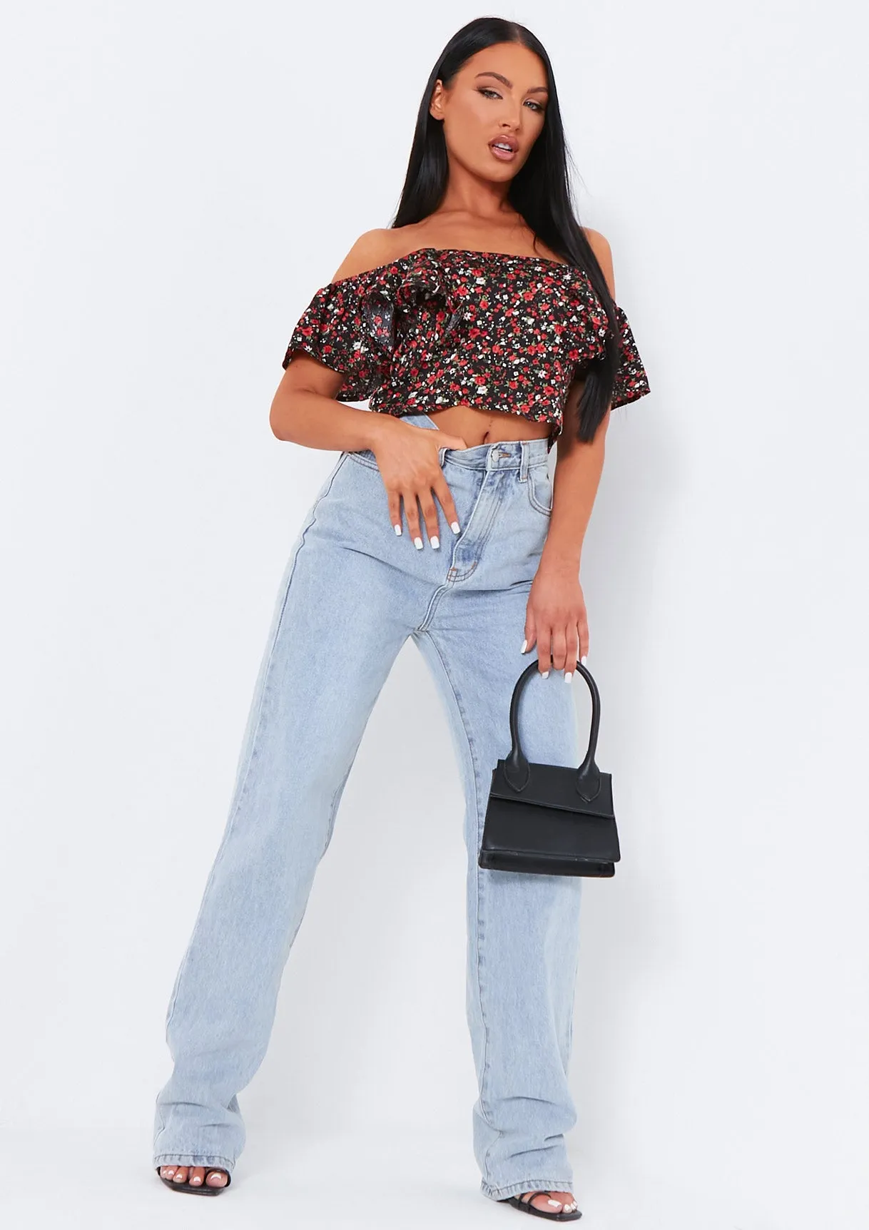 Jasleen Black Floral Printed Frill Detail Crop Top sold by Missy Empire product image thumbnail 5