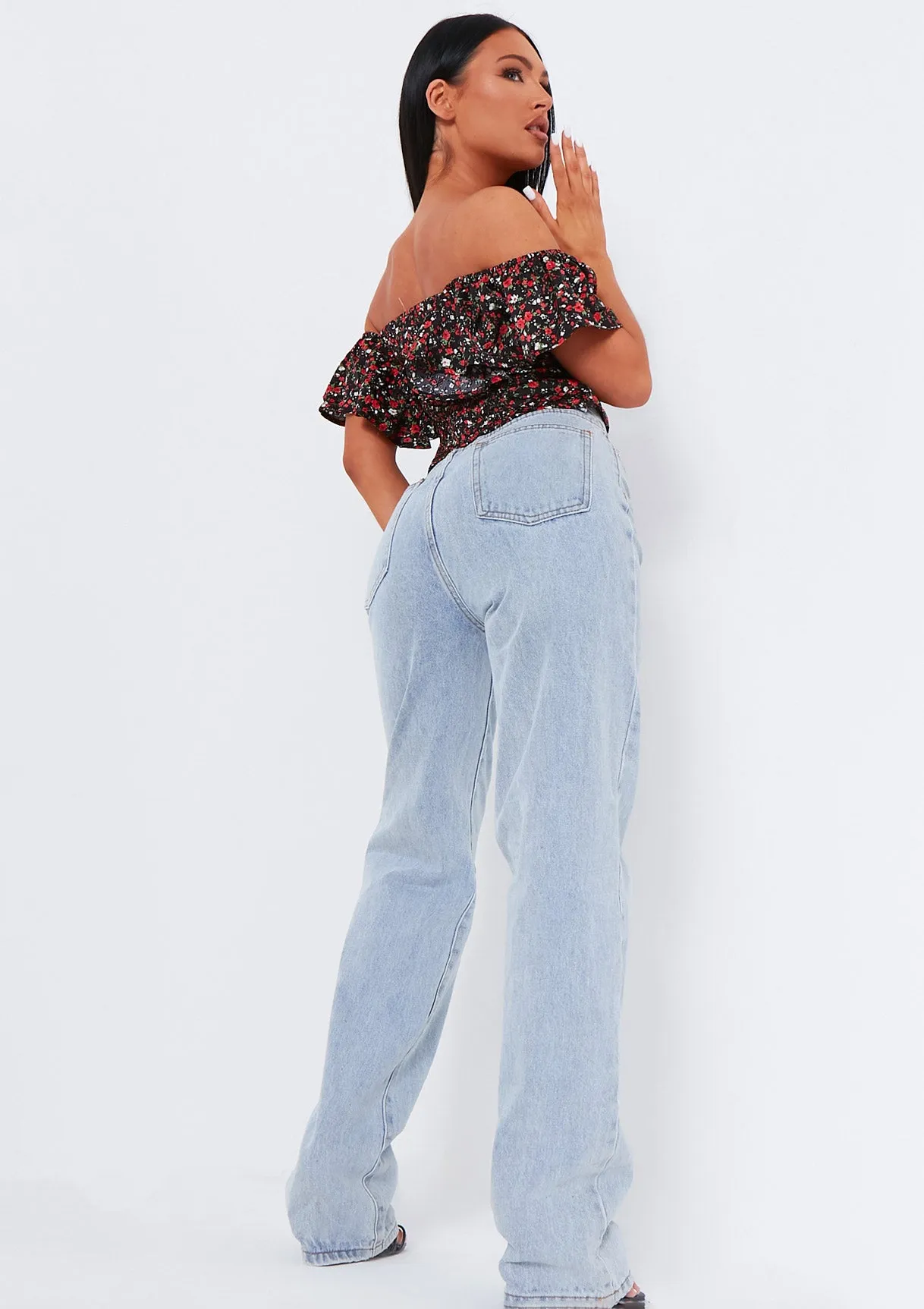Jasleen Black Floral Printed Frill Detail Crop Top sold by Missy Empire product image thumbnail 3