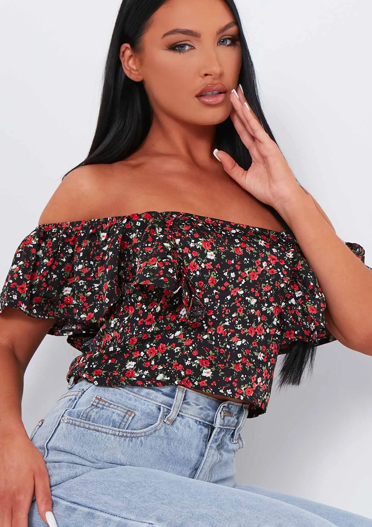 Jasleen Black Floral Printed Frill Detail Crop Top sold by Missy Empire product image thumbnail 4