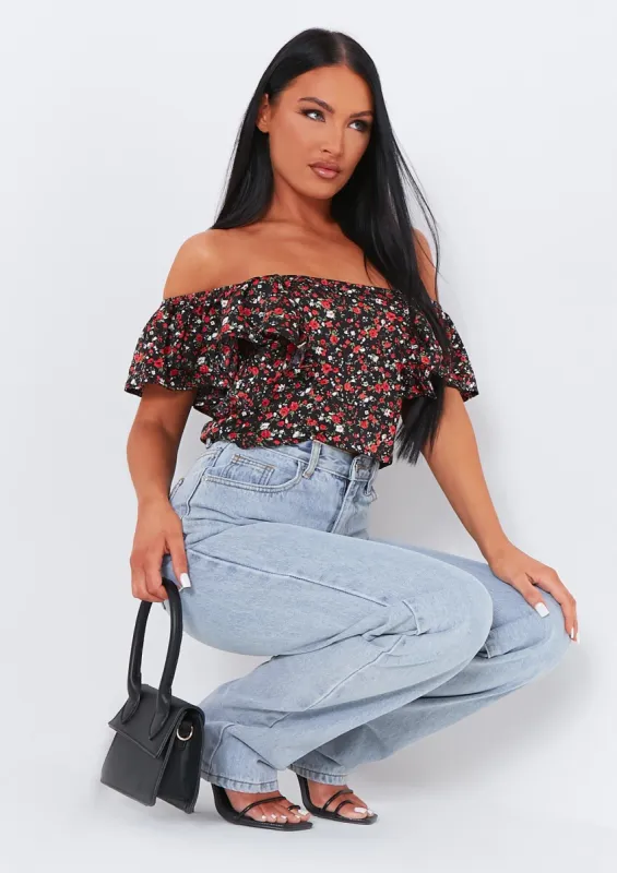 Jasleen Black Floral Printed Frill Detail Crop Top sold by Missy Empire