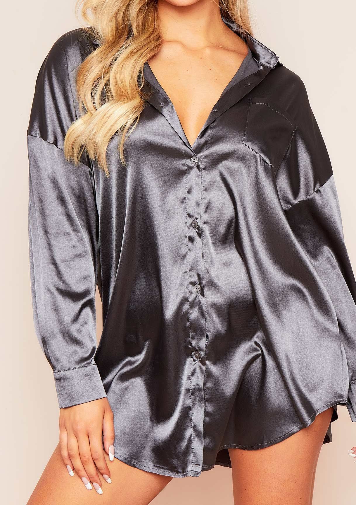 Mira Charcoal Satin Oversized Shirt Dress sold by Missy Empire product image thumbnail 3
