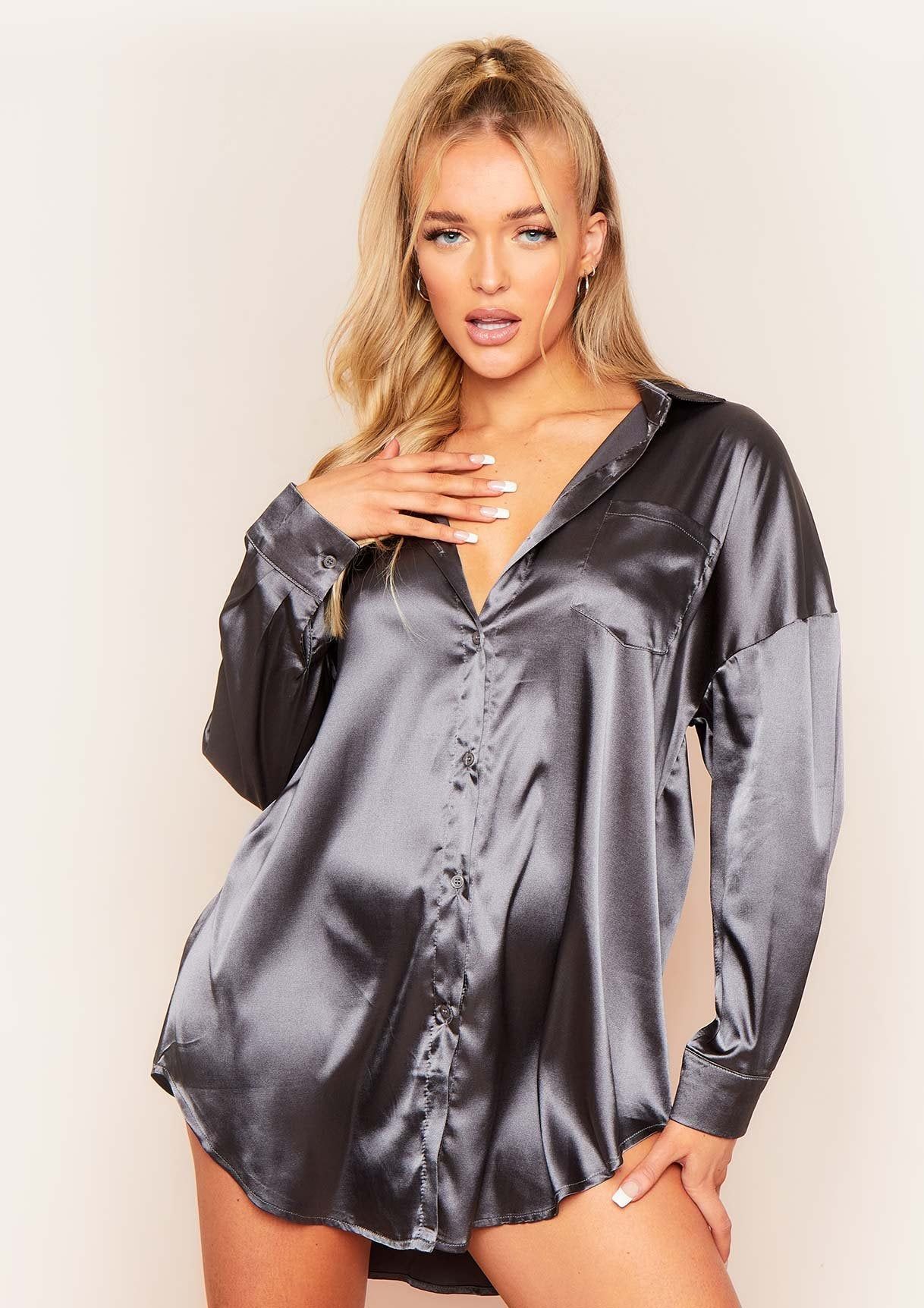 Mira Charcoal Satin Oversized Shirt Dress sold by Missy Empire