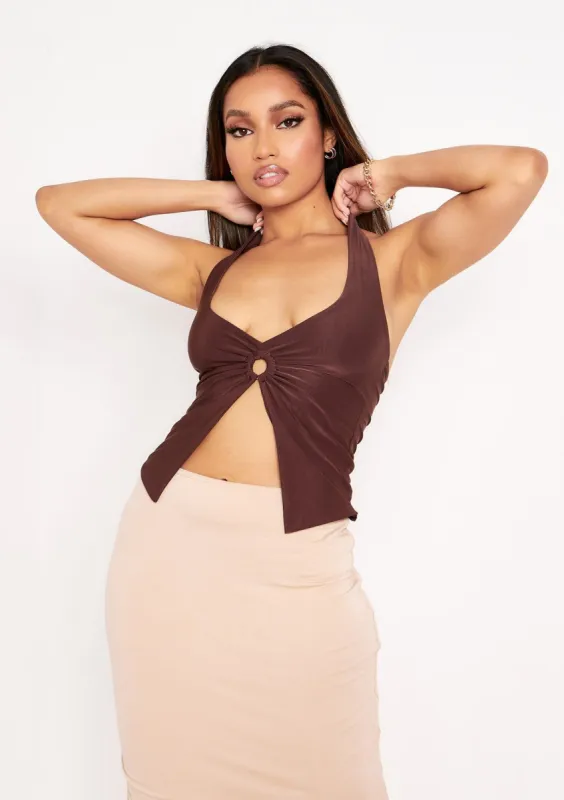 Chelsea Chocolate Halterneck Ring Top made by Missy Empire