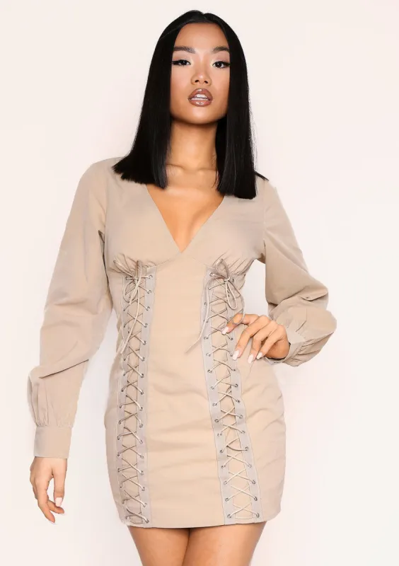 Ivana Beige Lace Up Detail Mini Dress sold by Missy Empire