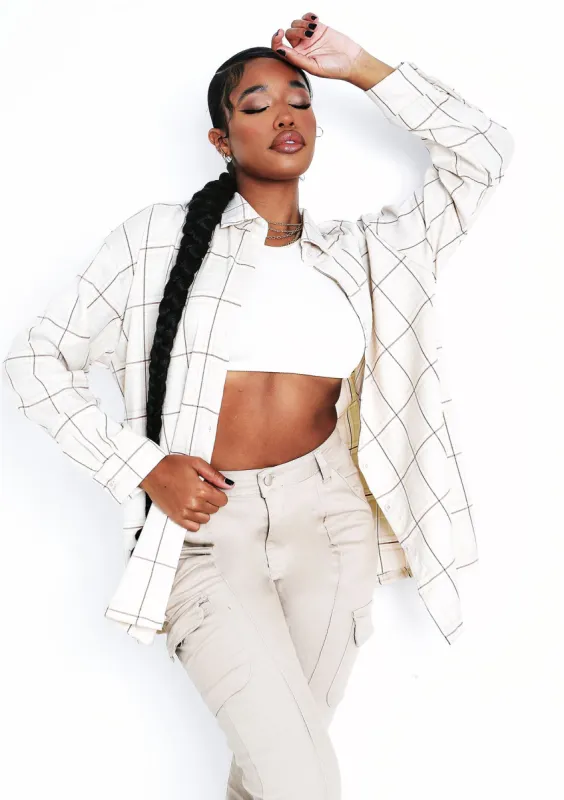 Teresa Beige Longline Checked Oversized Shirt sold by Missy Empire