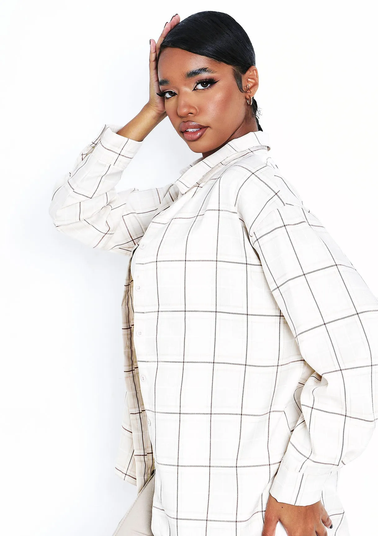 Teresa Beige Longline Checked Oversized Shirt sold by Missy Empire product image thumbnail 5