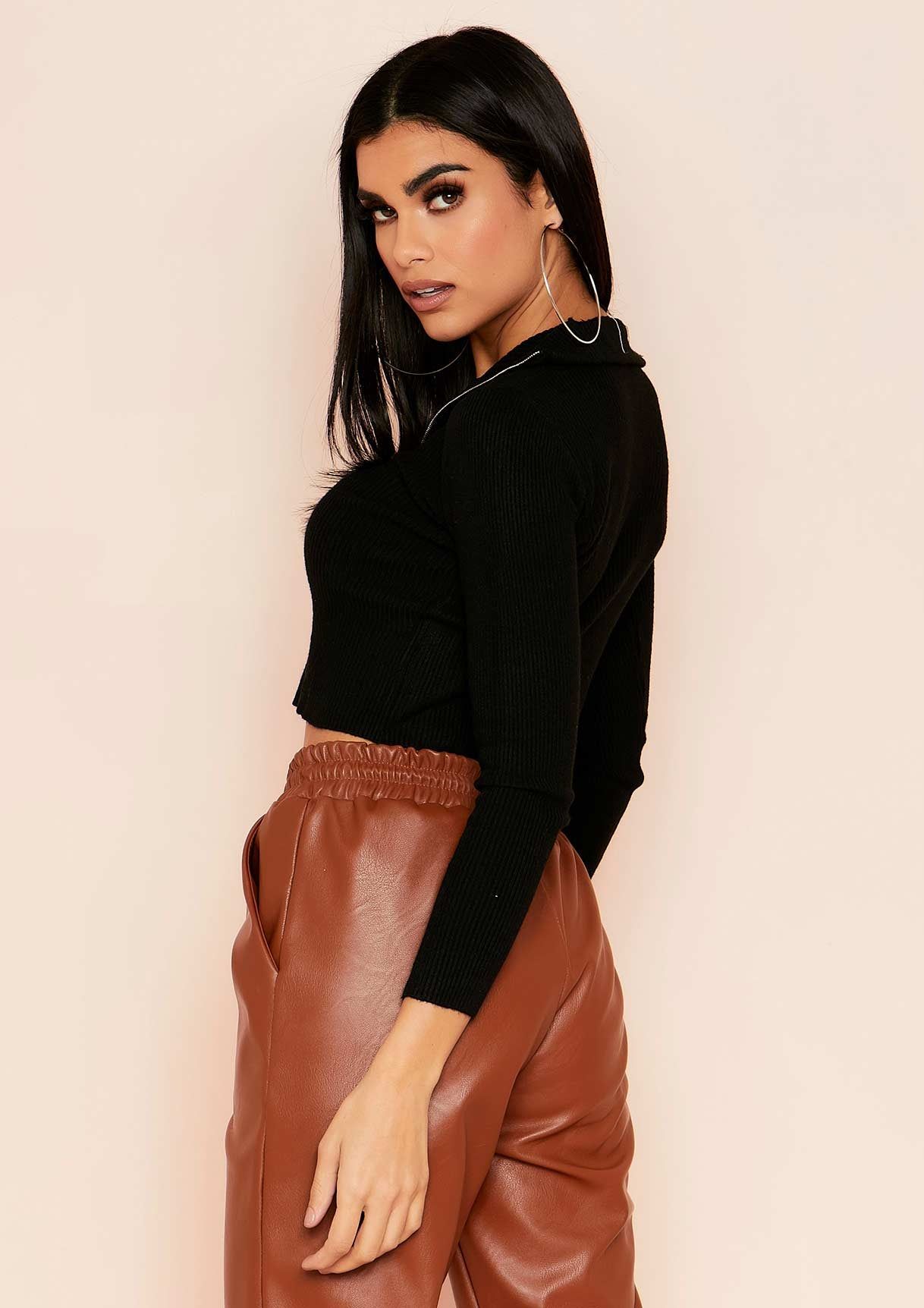 Jaden Black Zip Up Ribbed Knit Top sold by Missy Empire product image thumbnail 2