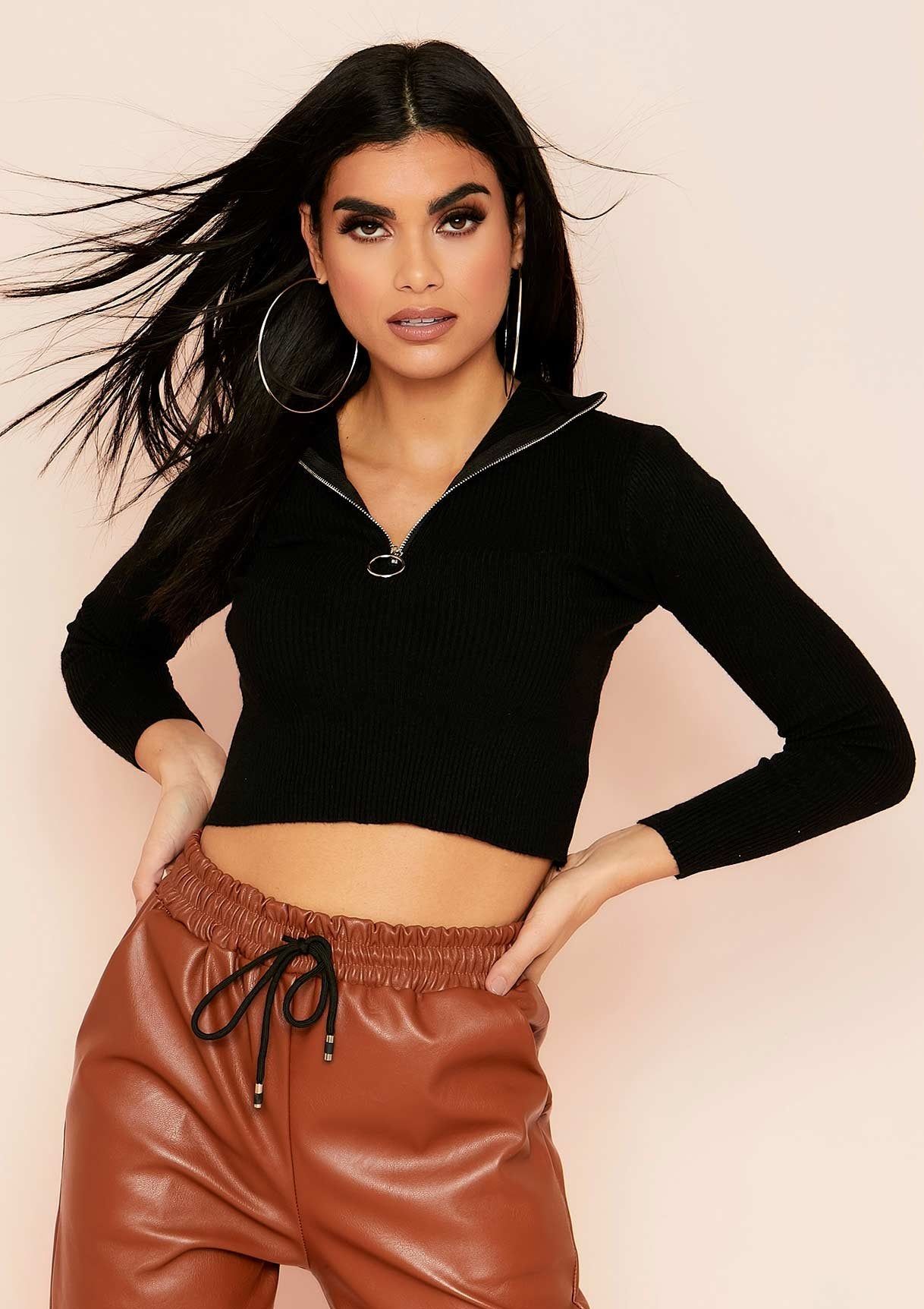 Jaden Black Zip Up Ribbed Knit Top sold by Missy Empire