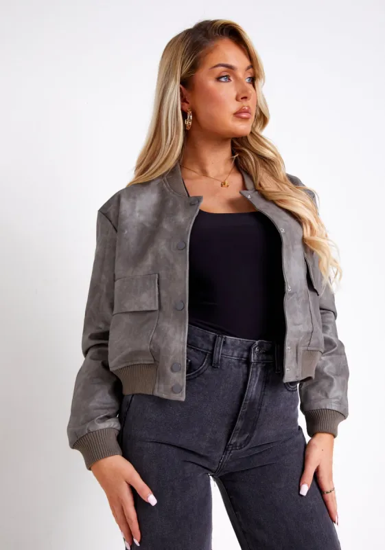 Sydney Grey Washed PU Bomber Jacket sold by Missy Empire