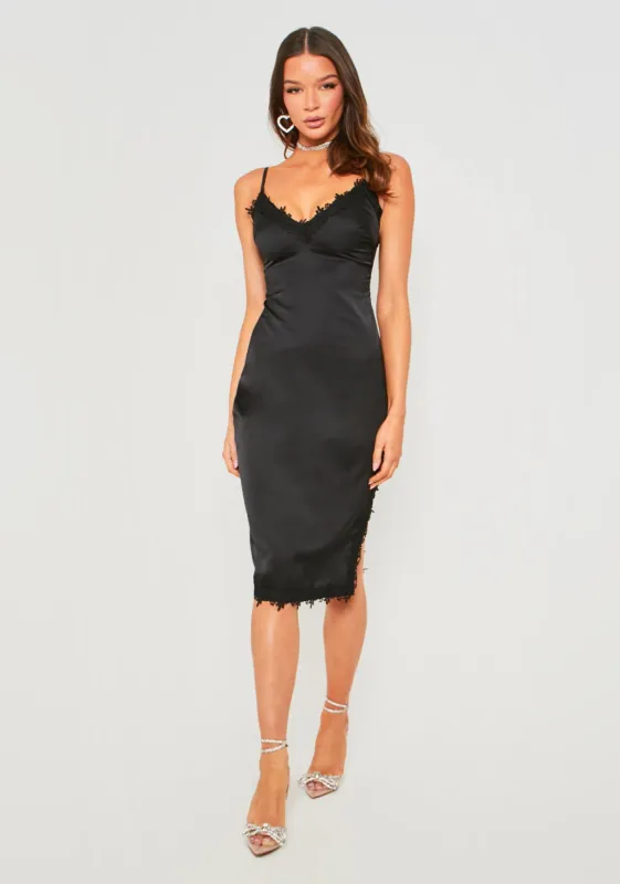 Lucie Black Satin Midi Dress With Lace Split sold by Missy Empire