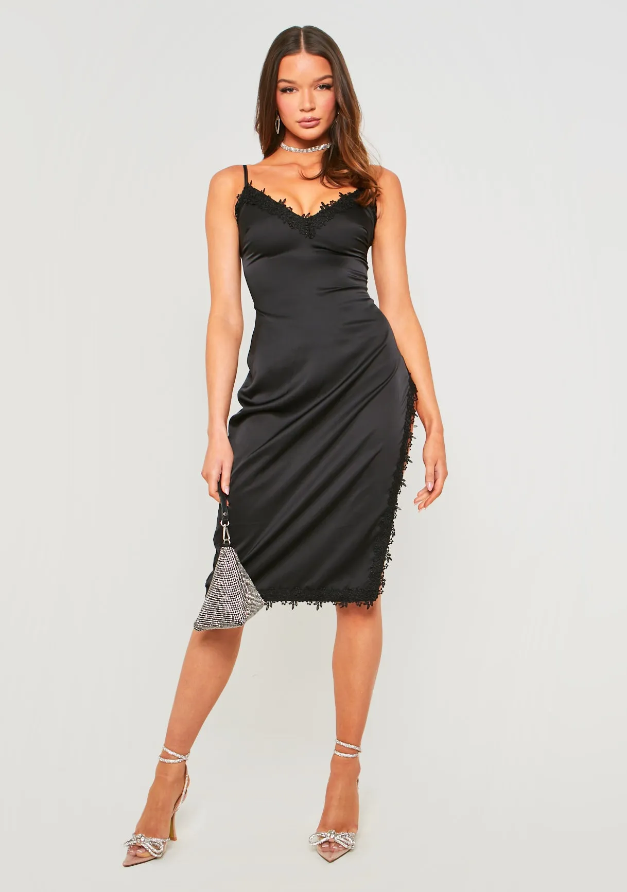 Lucie Black Satin Midi Dress With Lace Split sold by Missy Empire product image thumbnail 4