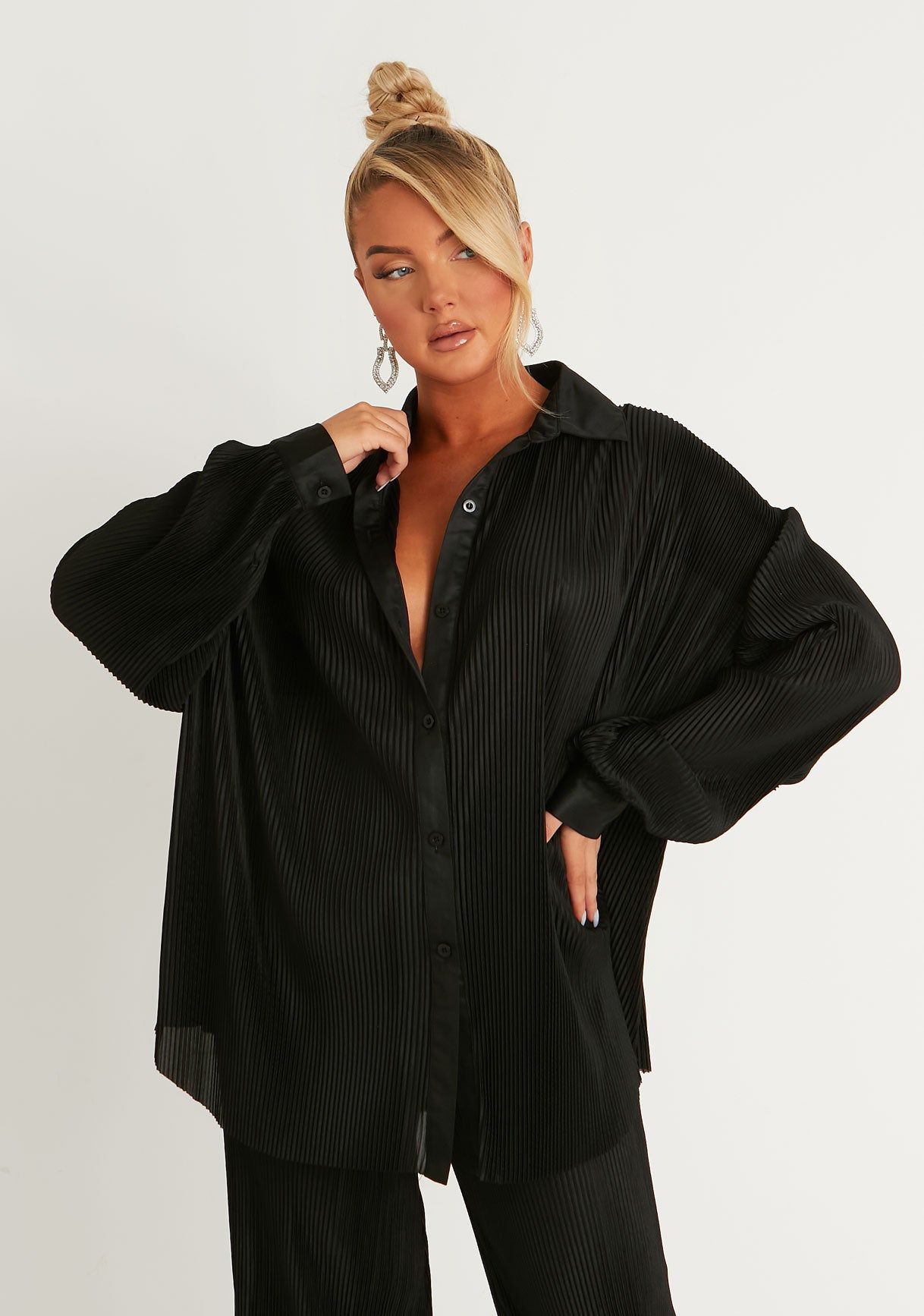 Javana Black Plisse Oversized Shirt sold by Missy Empire
