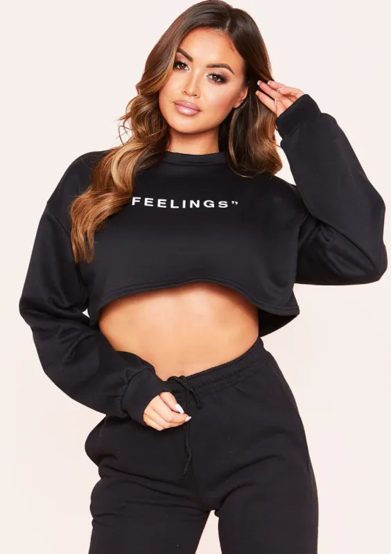 Leandra Black Feelings Slogan Cropped Sweatshirt sold by Missy Empire