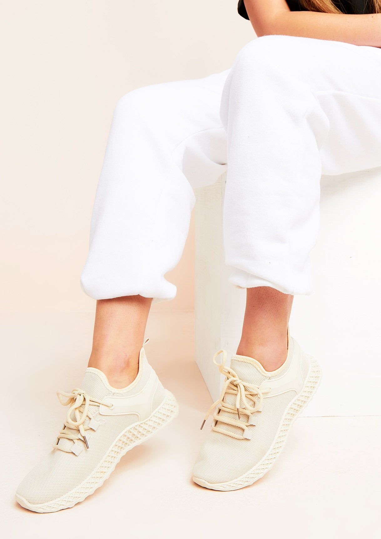 Rina Beige Knitted Sport Trainers sold by Missy Empire