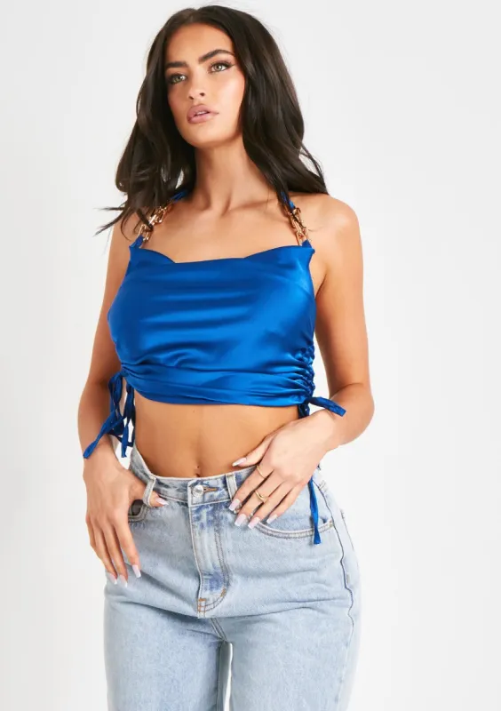 Nyla Blue Satin Chain Detail Cowl Neck Crop Top sold by Missy Empire