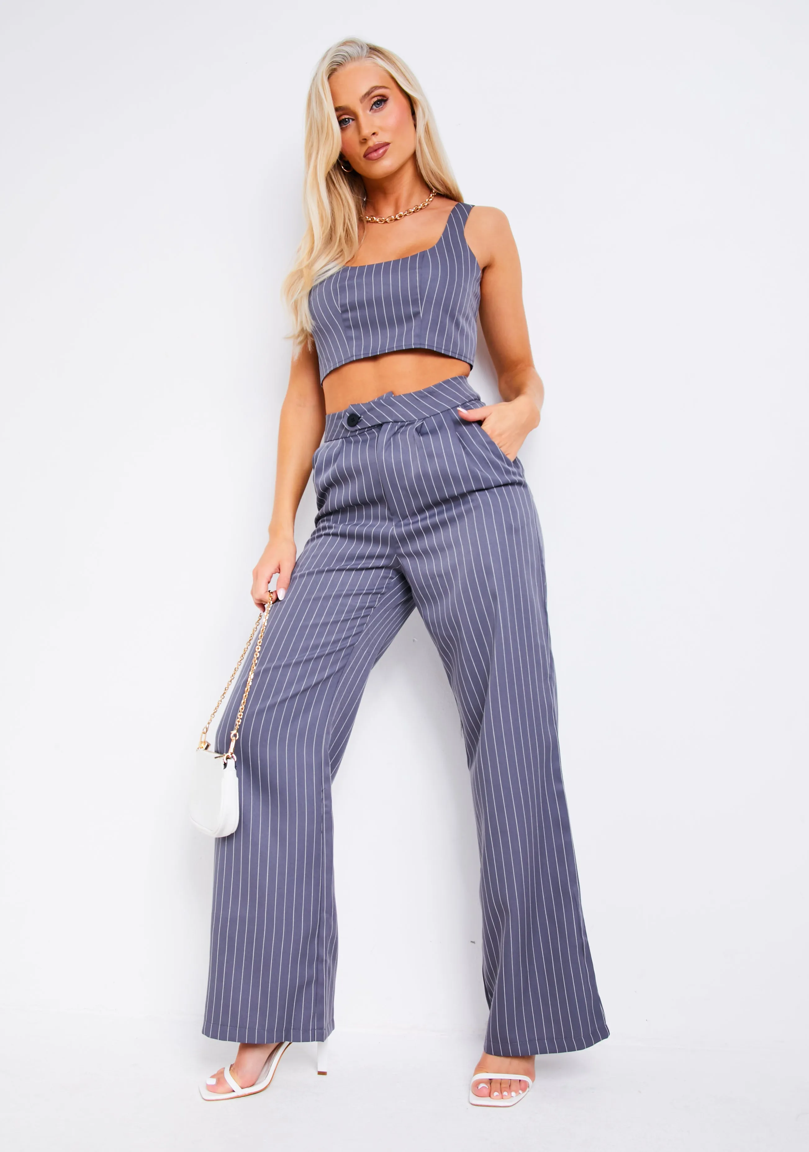 Poppy Pinstripe Grey Scoop Neck Tailored Pinstripe Top sold by Missy Empire product image thumbnail 4