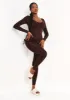 Amelia Chocolate Seamless Long Sleeve Plunge Jumpsuit sold by Missy Empire
