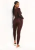 Amelia Chocolate Seamless Long Sleeve Plunge Jumpsuit sold by Missy Empire