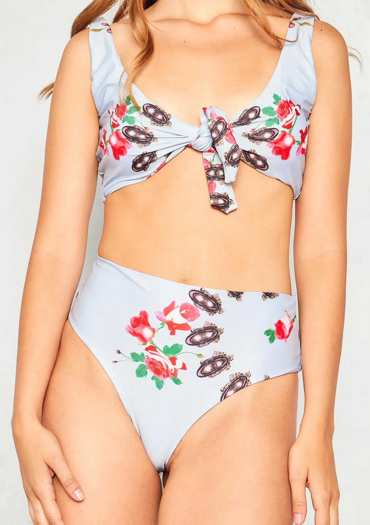 Jess Grey Floral Tie Front Bikini sold by Missy Empire product image thumbnail 3