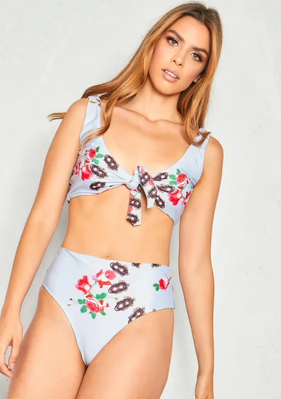 Jess Grey Floral Tie Front Bikini sold by Missy Empire