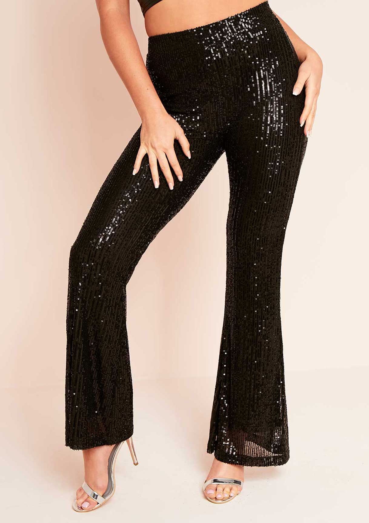 Hazel Black Sequin Flare Trousers sold by Missy Empire product image thumbnail 4