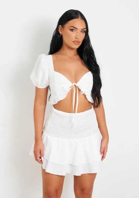 Crystal White Woven Shirred Back Tie Front Crop Top sold by Missy Empire