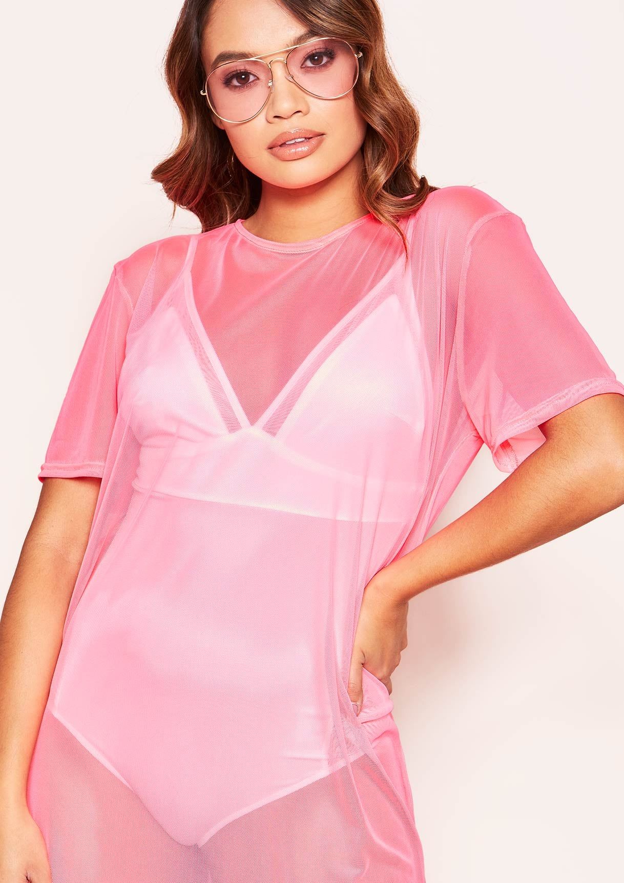 Ember Neon Pink Mesh Oversized T-Shirt Dress sold by Missy Empire product image thumbnail 4