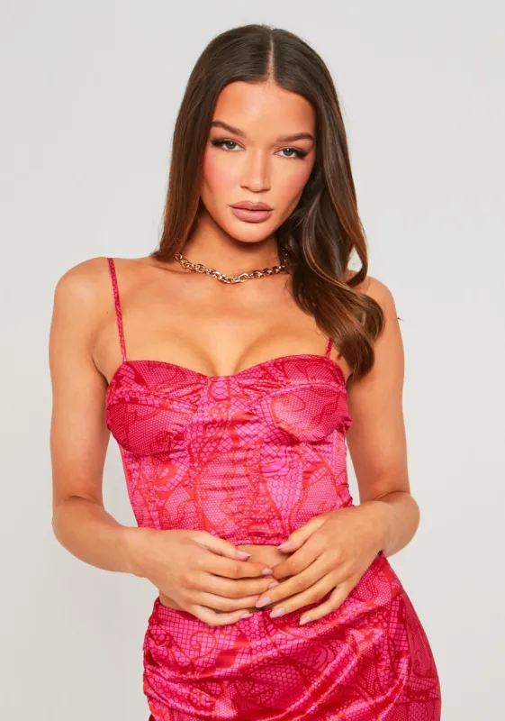 Fiona Pink Printed Lace Effect Satin Corset Top made by Missy Empire