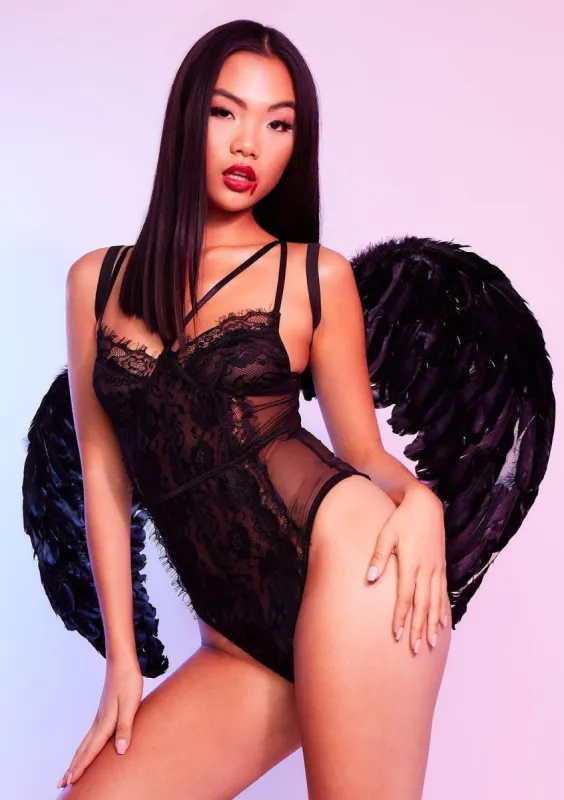 Lorna Black Lace Harness Strap Detail Bodysuit sold by Missy Empire