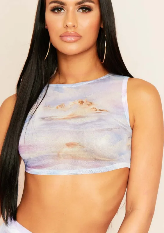 Serenity Blue Renaissance Print Mesh Racer Crop Top sold by Missy Empire